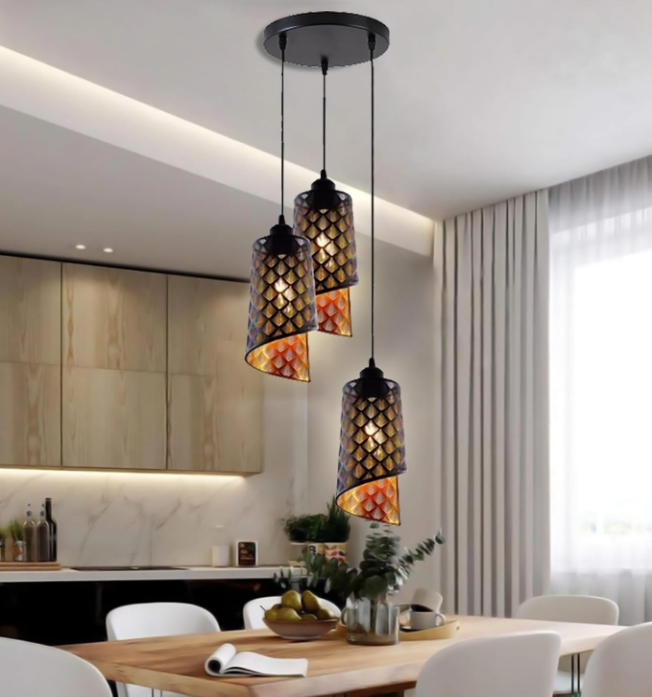 Lámpara Colgante de 3 Copas – (Negro + Dorado)