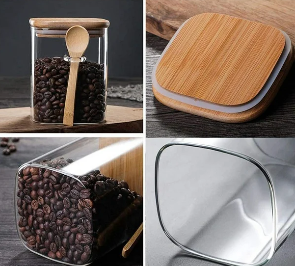 Tarro de vidrio cilíndrico con tapa de bambú | 500 ml