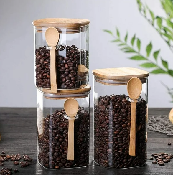 Tarro de vidrio cilíndrico con tapa de bambú | 300 ml