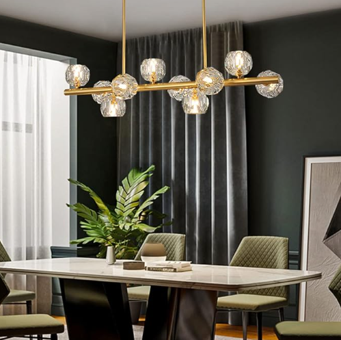 Lámpara Colgante Lineal – 10 Luces de Cristal y Oro