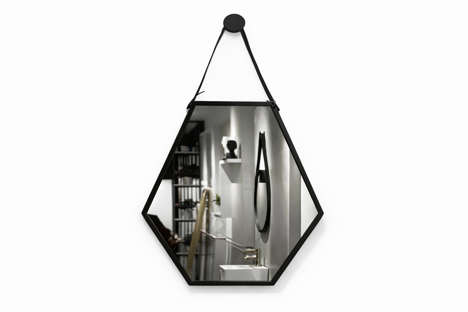 Espejo Decorativo Negro Colgante con Detalle en Cuero