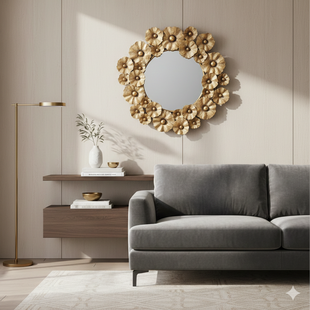 Espejo Decorativo Redondo con Diseño Floral Dorado