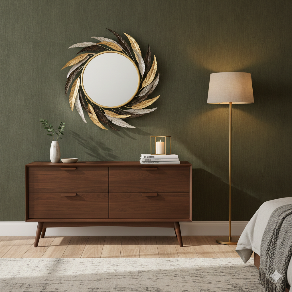 Espejo Decorativo Redondo Dorado con Marco de Plumas