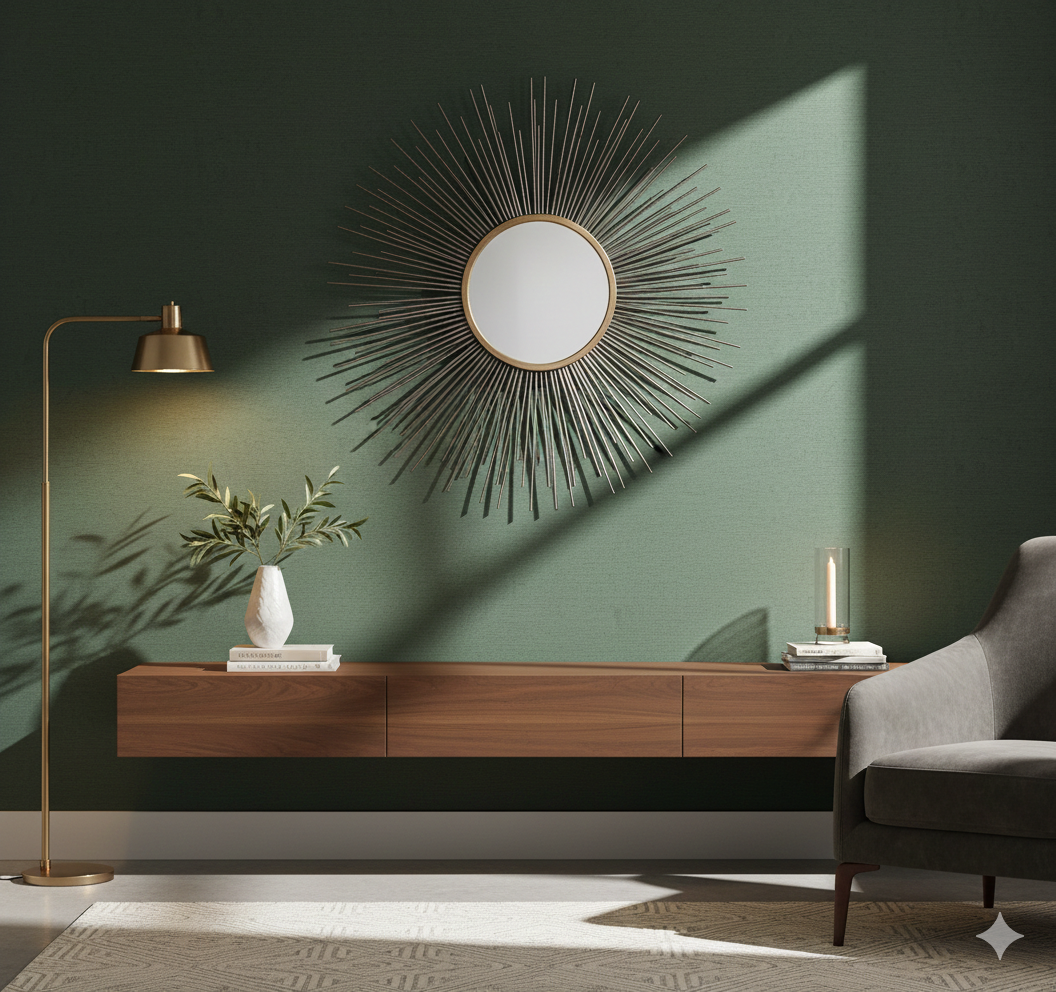 Espejo Decorativo Redondo Tipo Sunburst Negro y Dorado