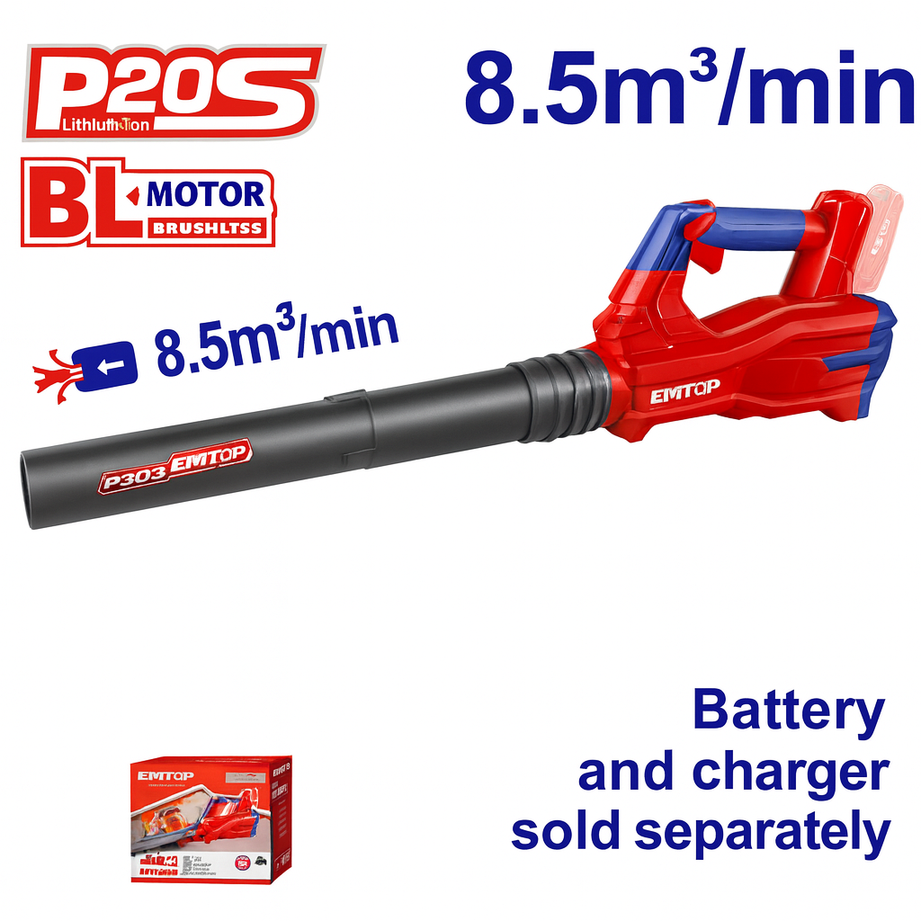 Sopladora Inalámbrica 20V con Motor Brushless –  (8.5 m³/min, 144 km/h)