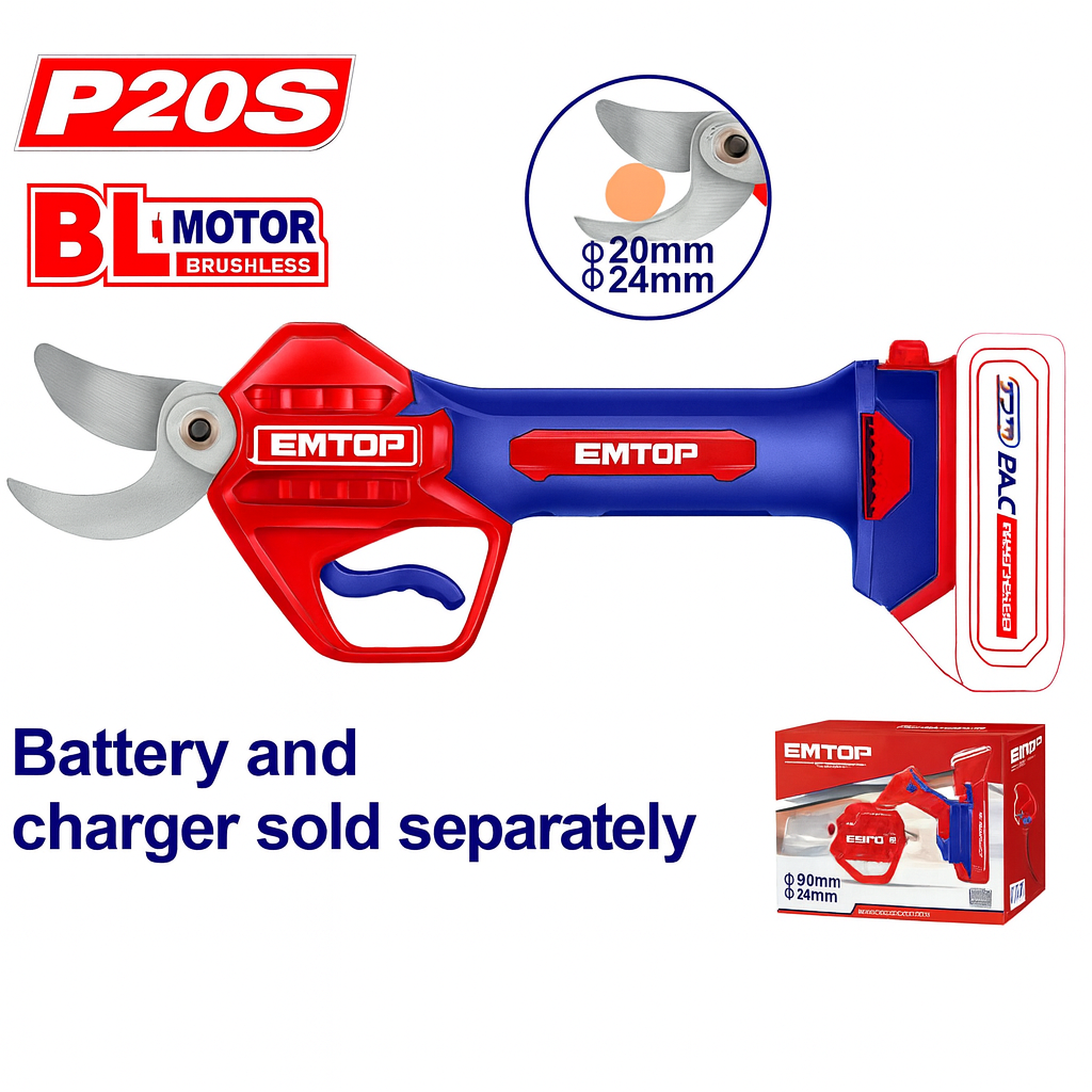 Tijera de Poda Inalámbrica 20V con Motor Brushless –  (Corte 20/30 mm, Batería de Litio-Ion)