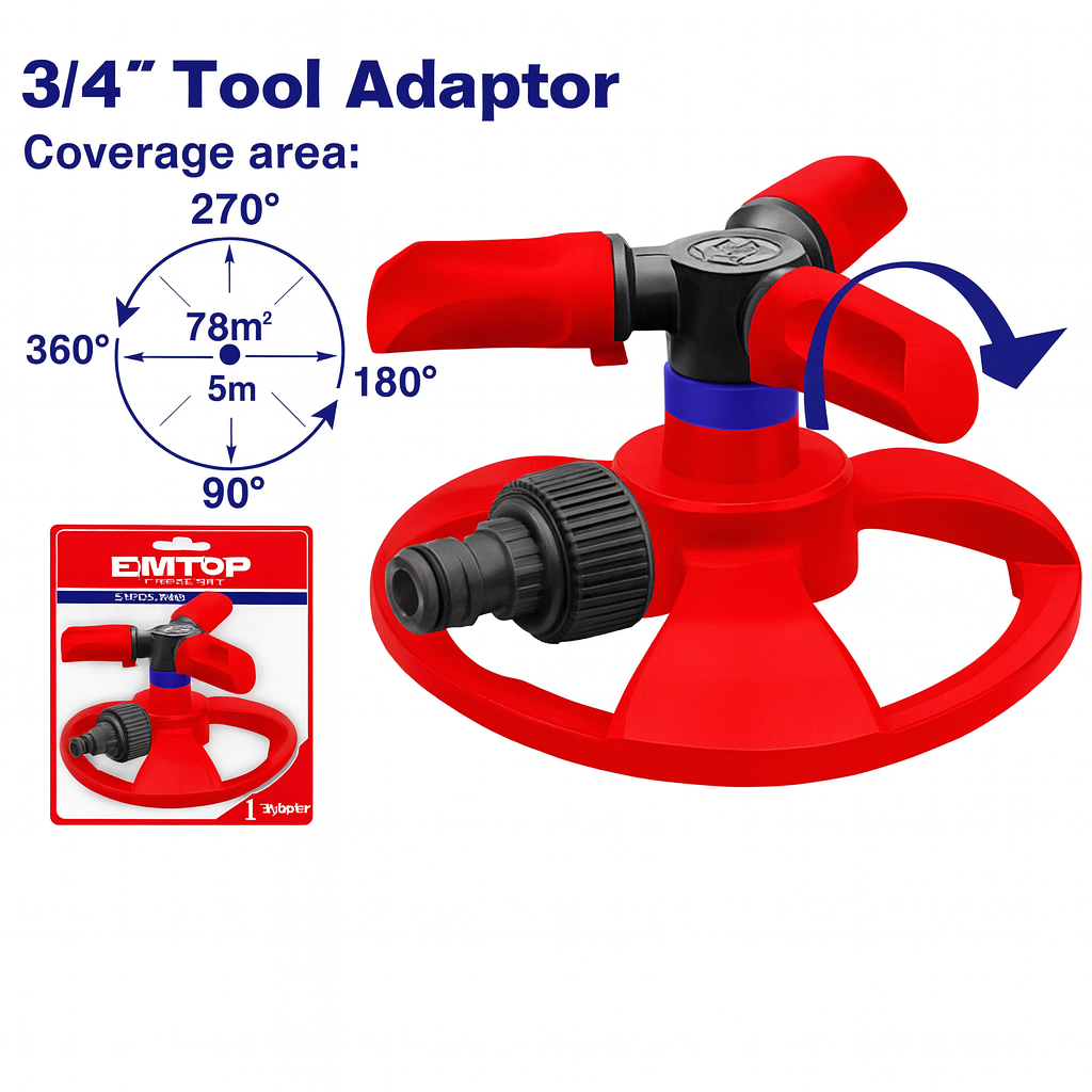 Aspersor Rotatorio de 3 Brazos – ESNE23602 (Plástico ABS+PP, Con Base y Adaptador 3/4")