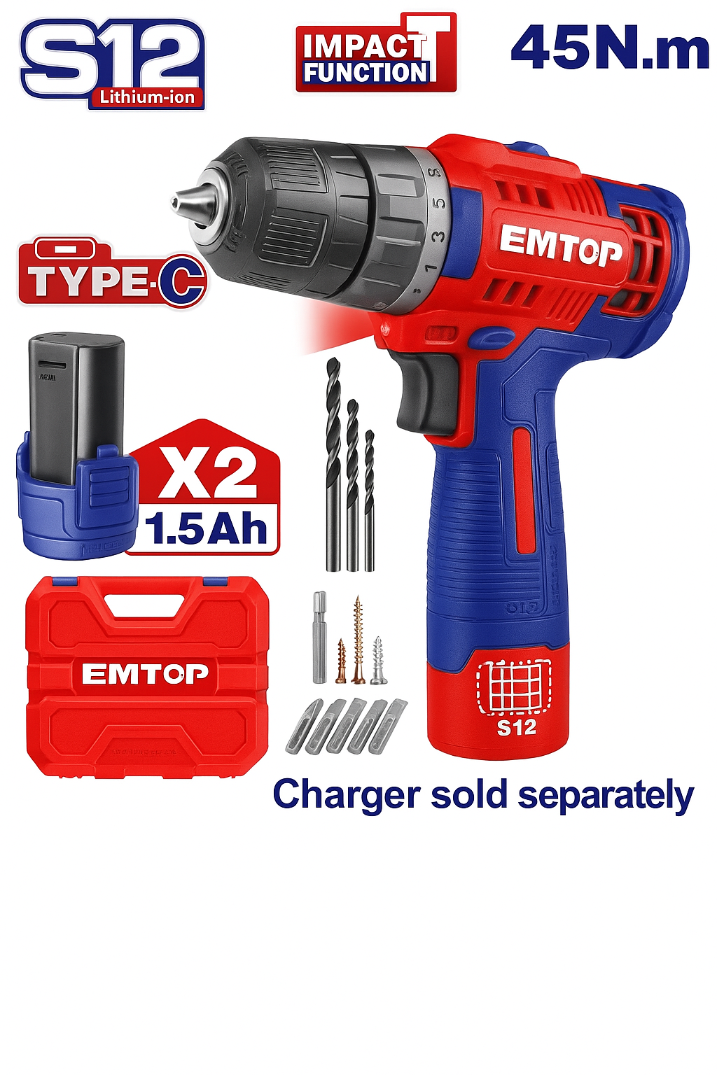 Taladro percutor inalámbrico EMTOP 12V con 2 velocidades mecánicas, luz LED y set de 50 accesorios