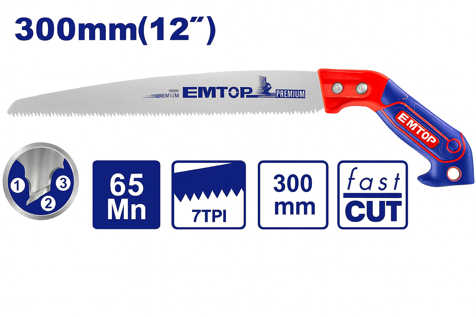 Sierra de Mano para Madera 12" –  (65Mn, 7TPI, Corte Rápido)