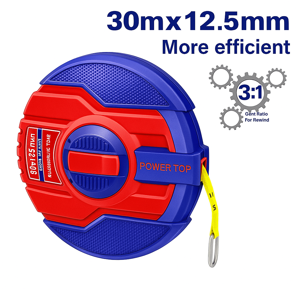 Cinta métrica de fibra de vidrio de 30 m x 12.5 mm con engranaje 3:1 y cubierta de goma