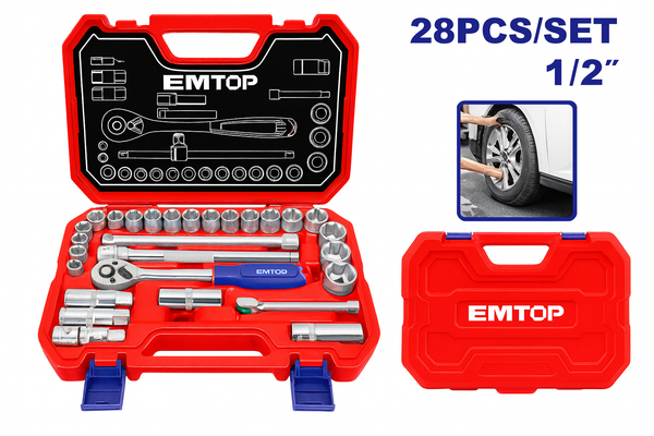 Juego de copas 1/2" de 28 piezas Cr-V con maneral de carraca 45T, extensiones y maletín BMC