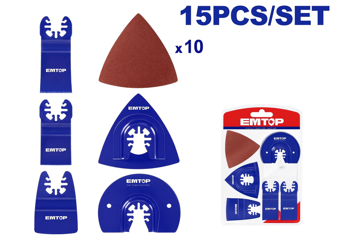 Set de hojas y accesorios EMTOP para herramienta multifuncional oscilante 15 piezas (segmento, corte y lijado).
