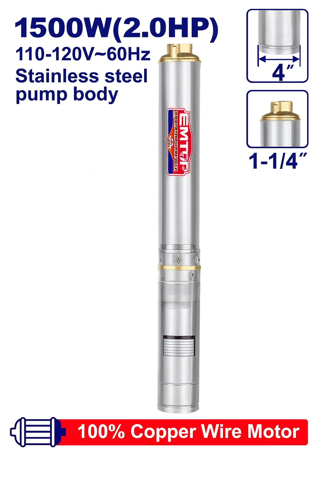 Bomba Sumergible de Pozo 4″ ULWPPD15001 – 2 HP, 135 m