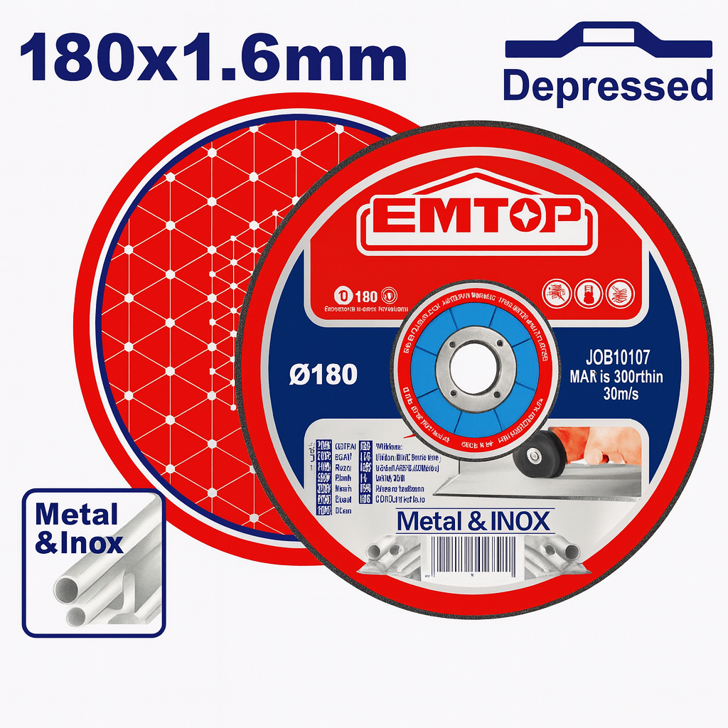 Disco de corte EMTOP para metal e inoxidable 180 mm x 1.6 mm x 22.2 mm (centro deprimido)