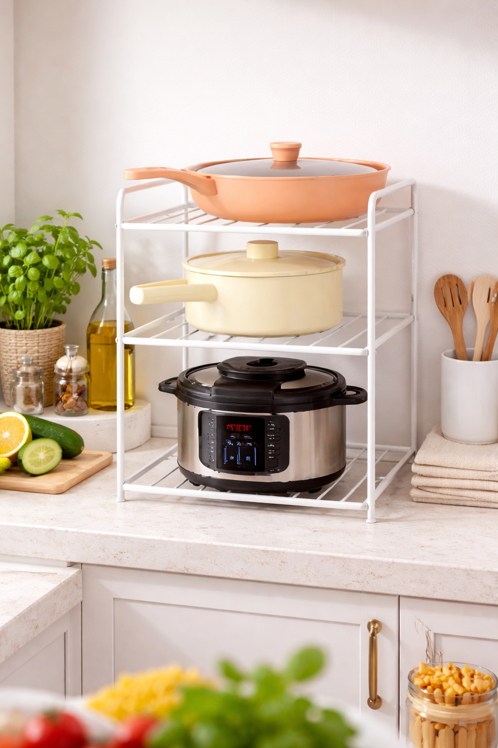Organizador de Cocina Multiusos en Metal – Estante Elevador Moderno (25x25x43 cm)