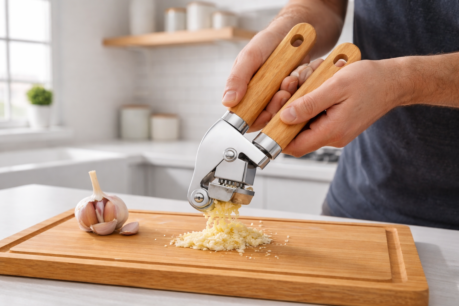 Prensador de Ajo de Acero con Mango de Madera
