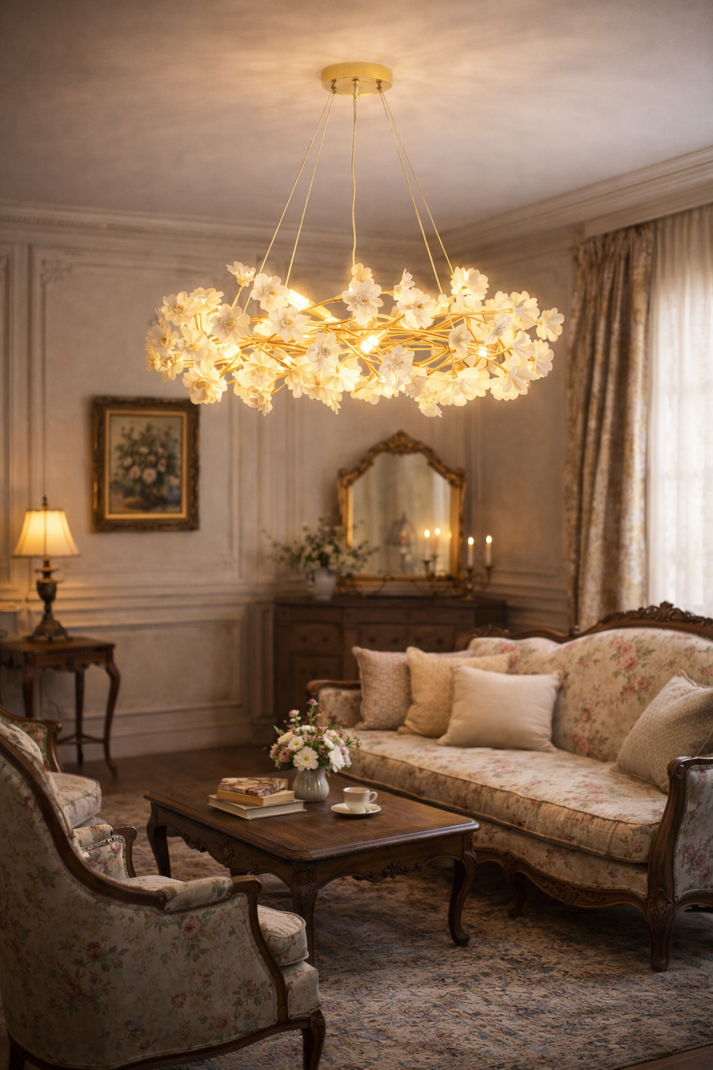 Lámpara de techo decorativa | 6 luces E14 – 450 mm – Dorado con flores de cerámica