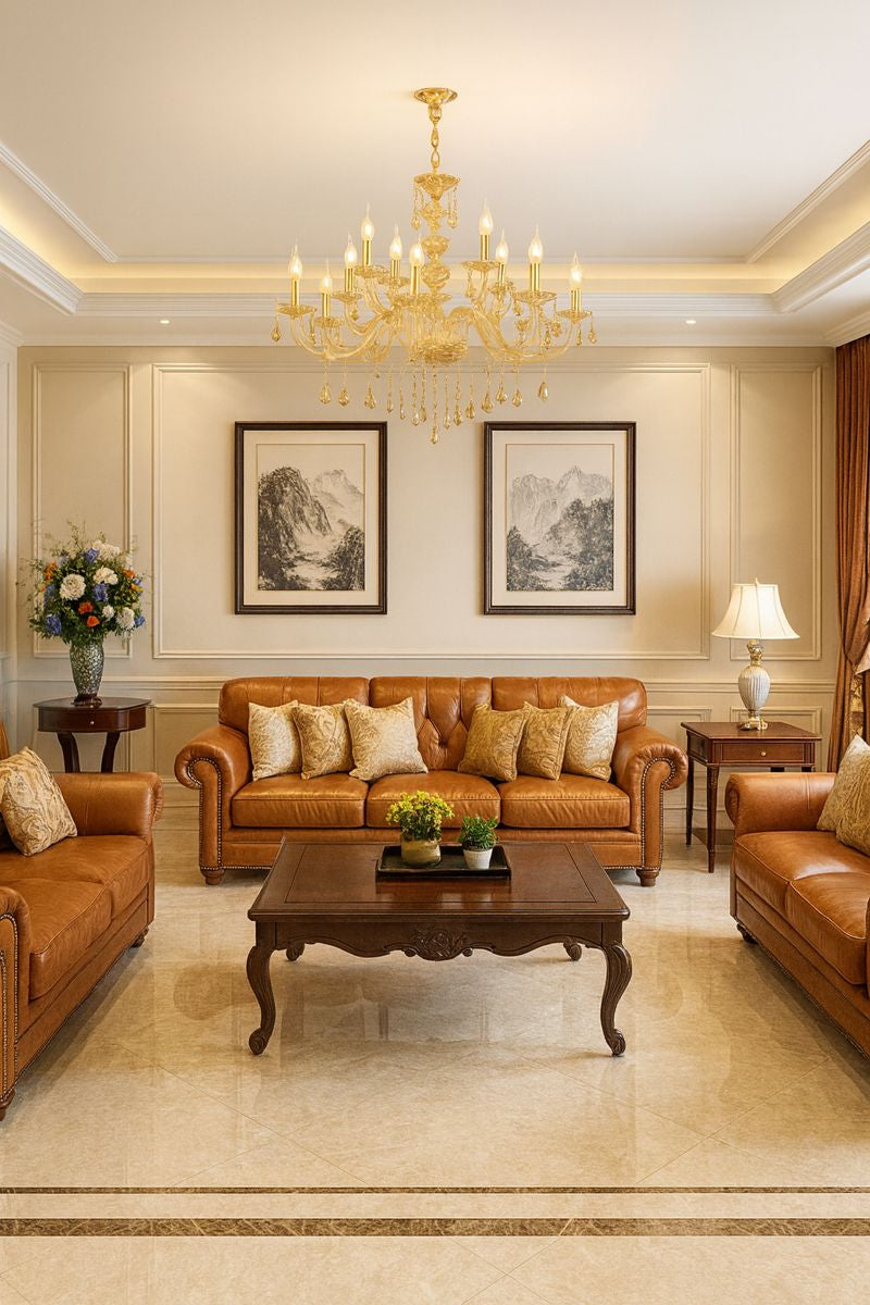 Lámpara colgante de cristal | E12 – Cromo electrochapado y color coñac