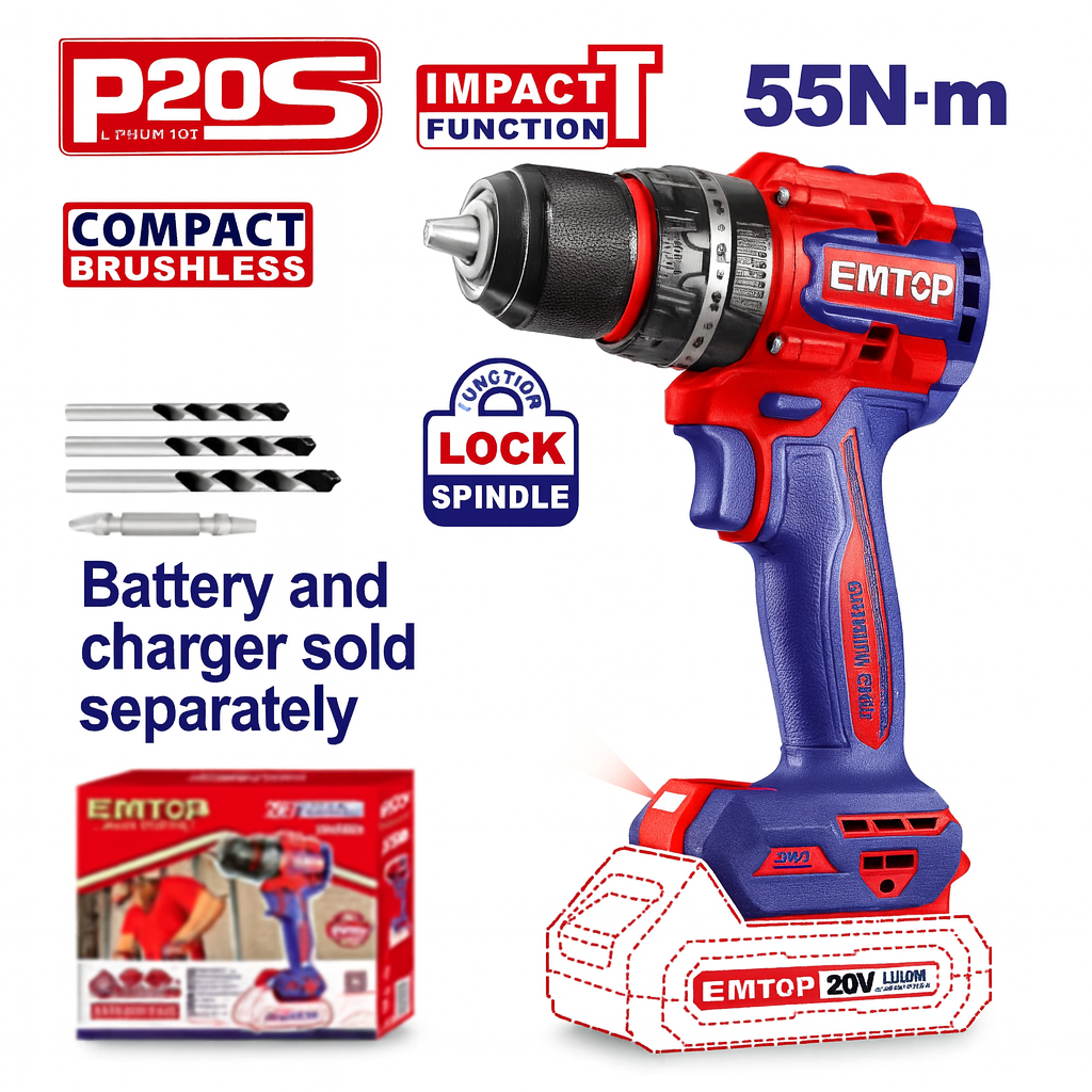 Taladro percutor inalámbrico compacto sin escobillas EMTOP 20V con mandril metálico de 13 mm y 2 velocidades