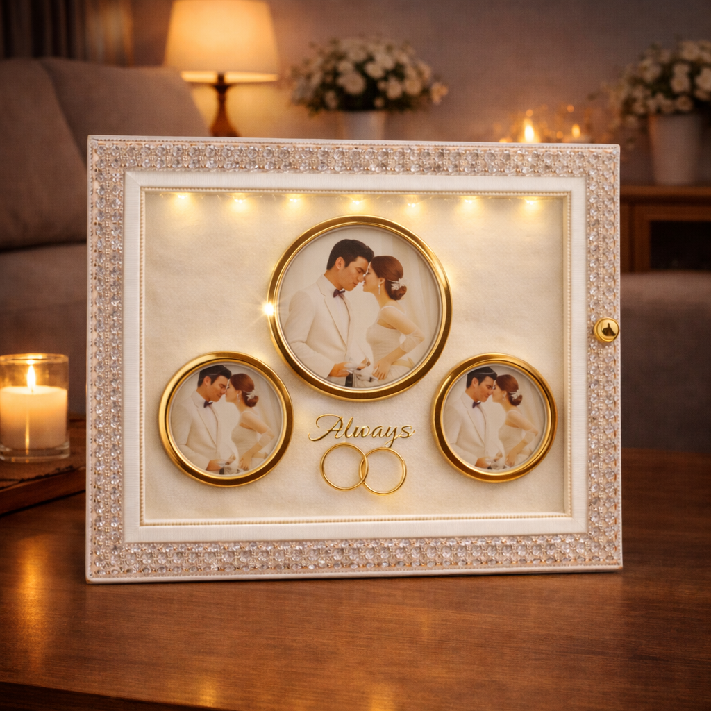 Portaretrato decorativo con luz LED tres fotos.