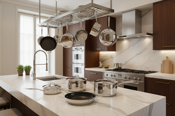 Hazme una cocina super elegantes pero quiero que hagas enfasis en ollas y sartenes