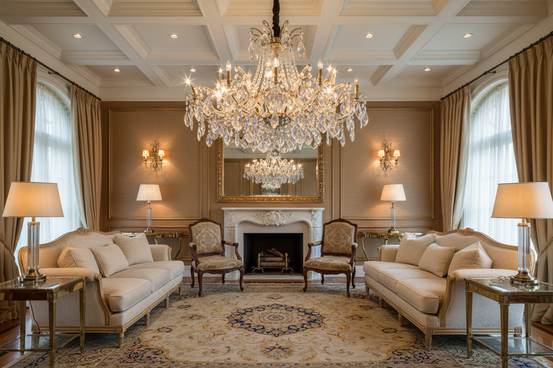 hazme una sala con un candelabro de cristal esplendoroso