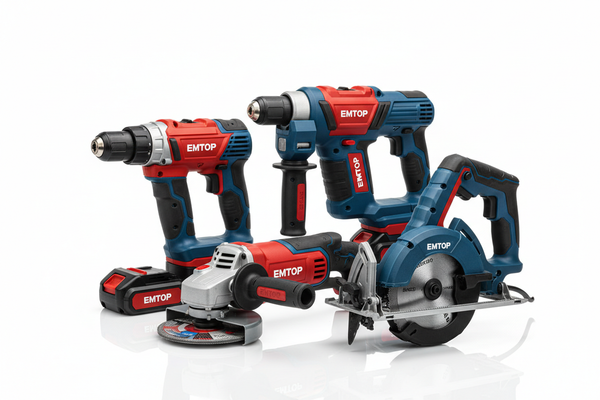 HERRAMIENTAS ELECTRICAS EMTOP COLOR ROJO Y AZUL LETRAS BLANCAS