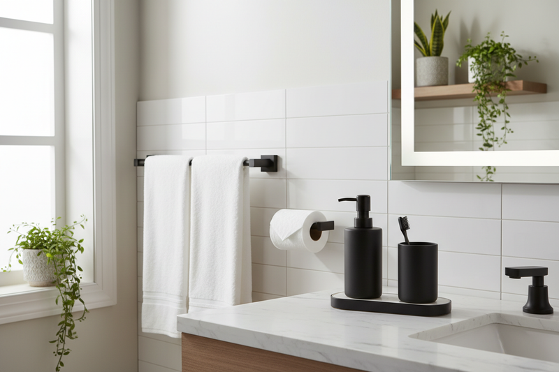 Necesito que me hagas un set de baño elegante con fondo de baño